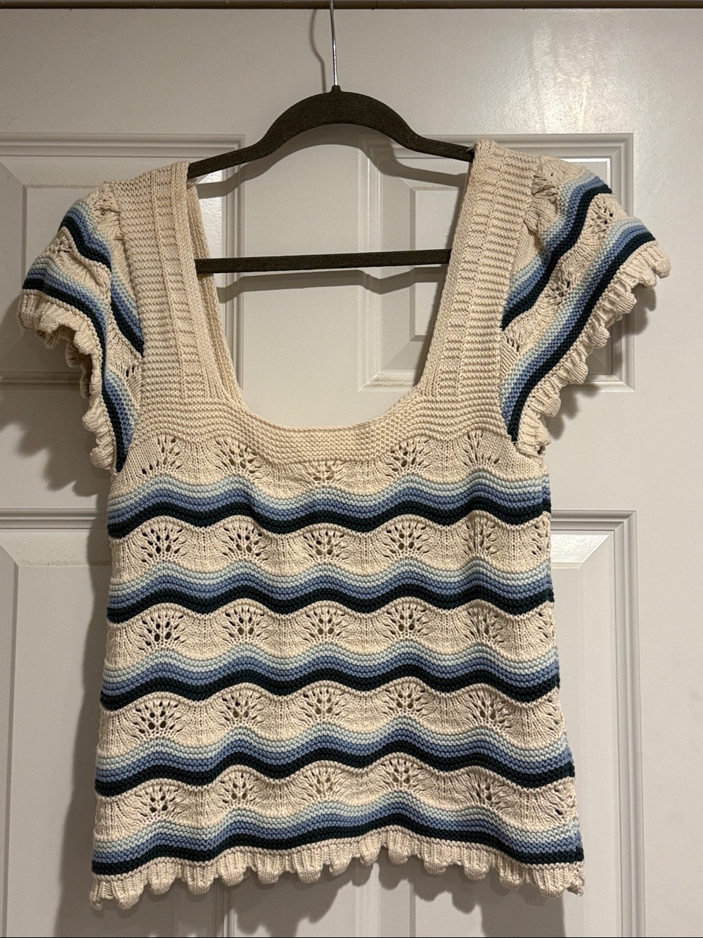 Jessica Simpson Cream Knit Scoop Neck Top with Blue Stripe Detail